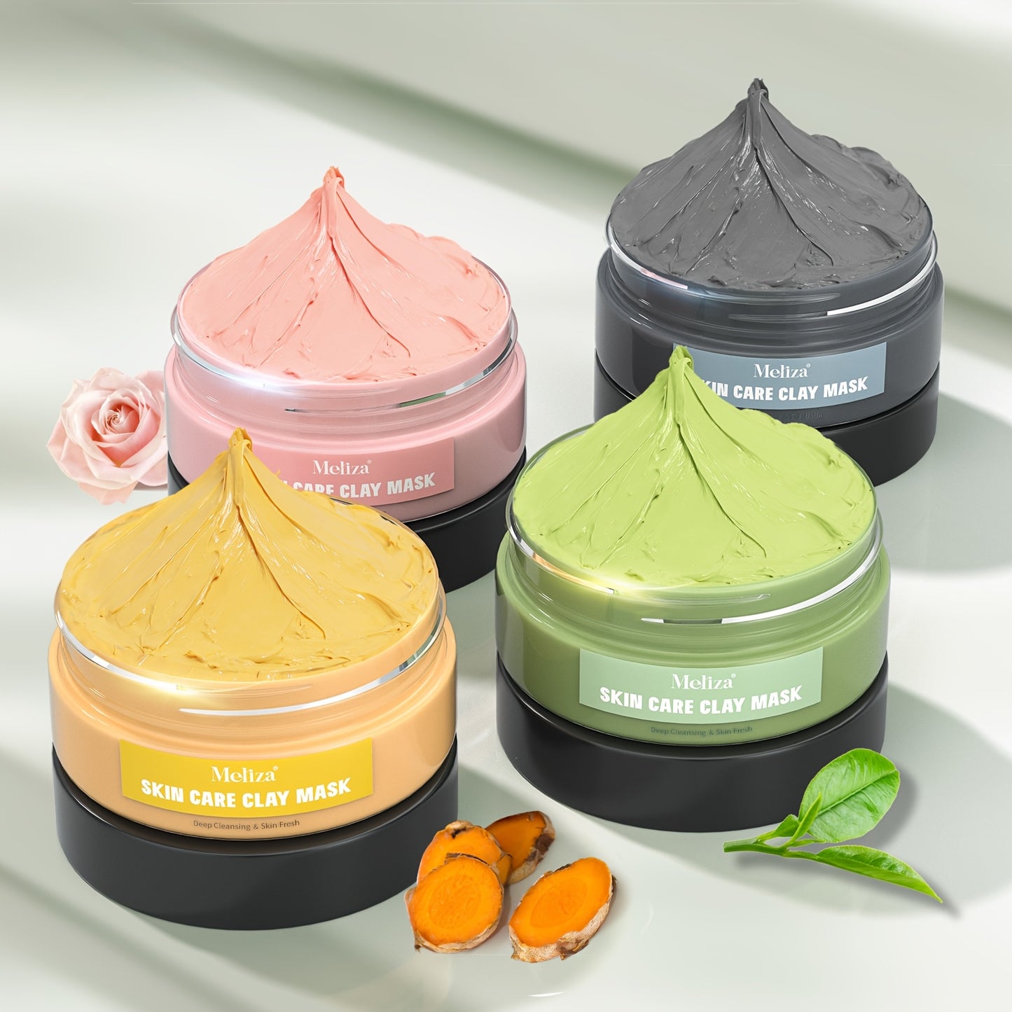 4 masques : thé vert, argile rose, curcuma et vitamine C, boue de la mer morte