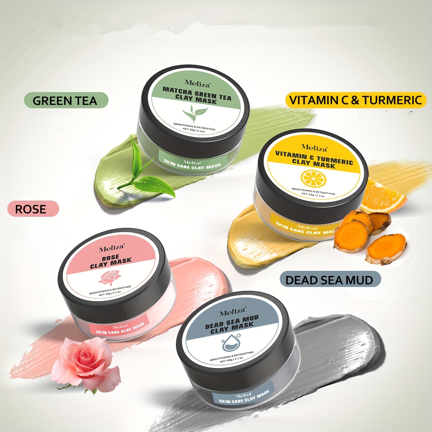 4 masques : thé vert, argile rose, curcuma et vitamine C, boue de la mer morte